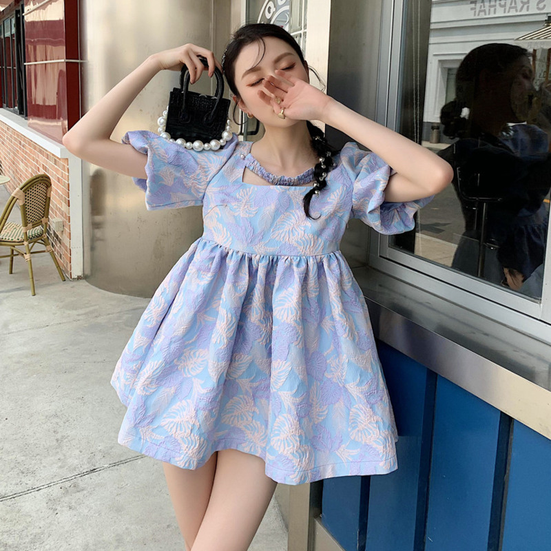 Women Dress Puff Sleeve Square Collar Printing A-line Sweet Female Termperament Fashion Summer 2H284 210526
