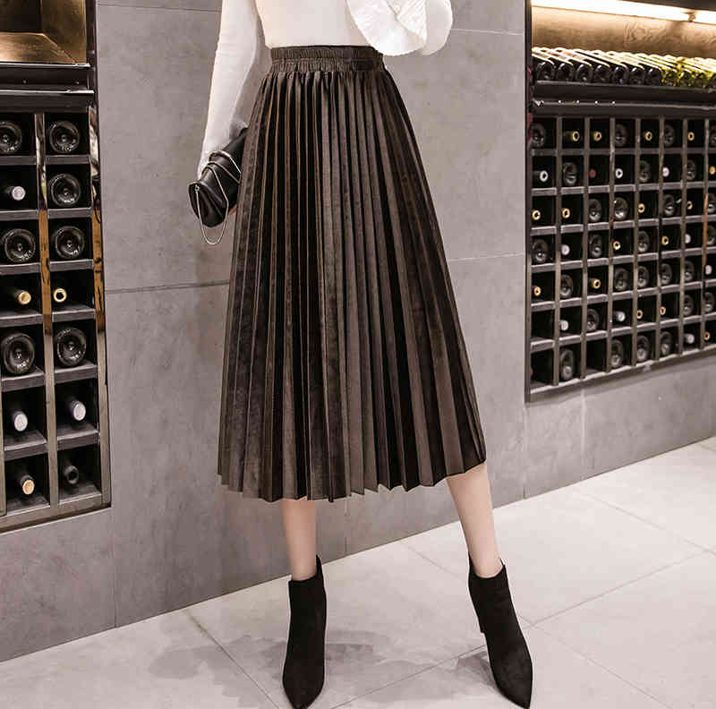 Gold Velvet Skirt Women's Autumn and Winter A-line Mid-length Pleated High Waist All-match Long 210514