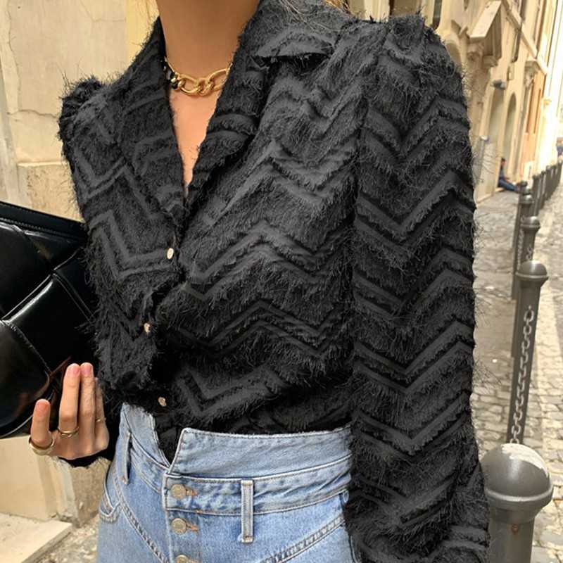 Yedinas Spring Fashion Black Cardigan Women Tassel Chic Sweater Turn-down Collar Long Sleeve Top Korean Style Kardigan 210527