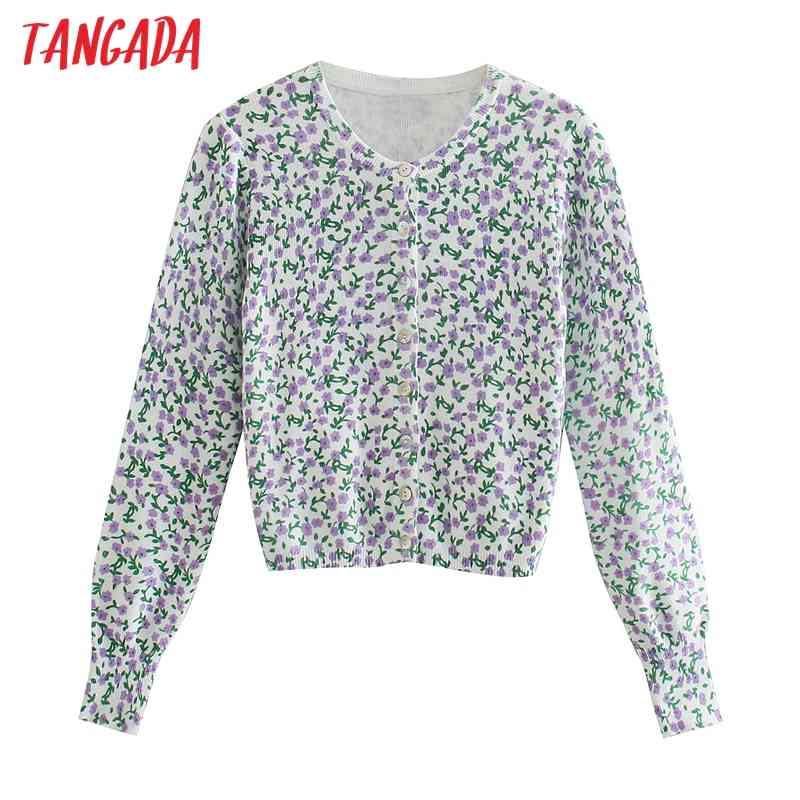 Women Spring Floral Jacquard Cropped Knitted Cardigan Jumper Vintage Long Sleeve Female Outerwear Chic Tops BE485 210416