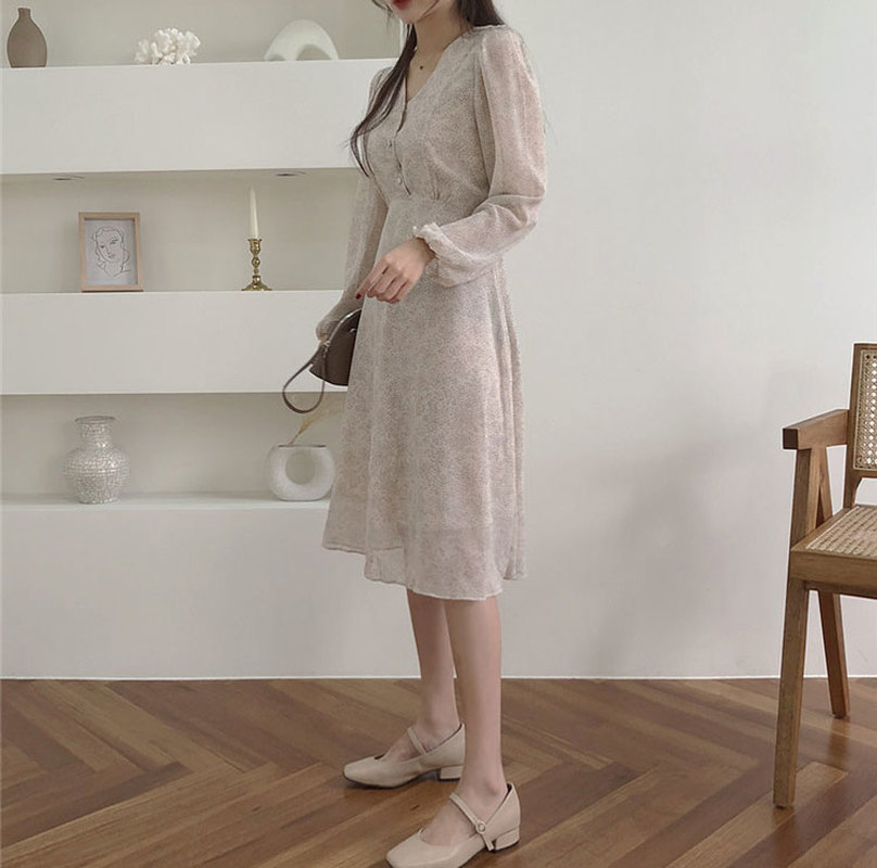 Korean Dot Chiffon Dress Womem Elegant High Waist V-neck Button Fall Fashion Midi Long es Vestido Feminino 12292 210506