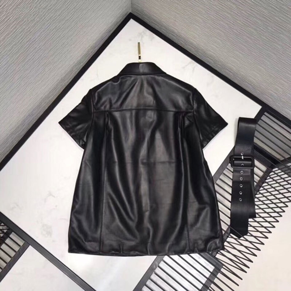 Free Black PU Leather Shirt Casual Lapel Short Sleeve Single Breasted Slim Belt Ladies Office Top 210524