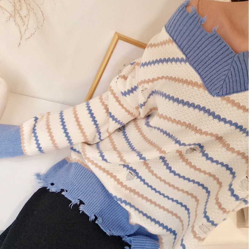 Yedinas Pullover Sweater Knitted Women Winter Ripped Long Sleeve V Neck Striped Sweaters For Casual Jumper Ladies 210527