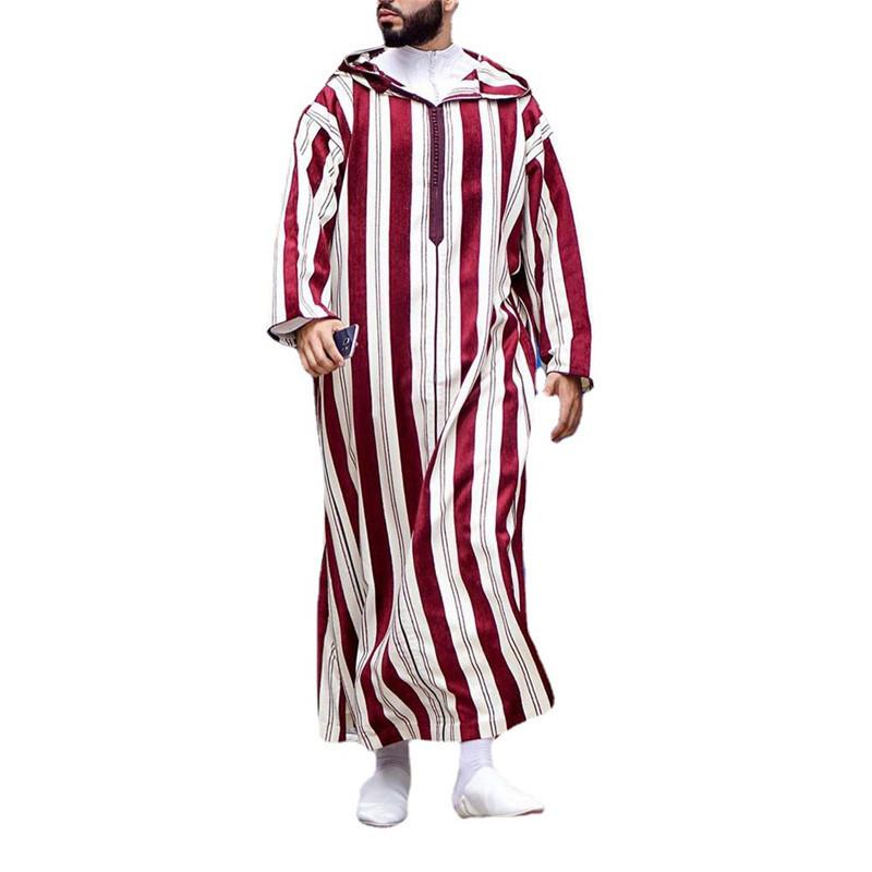 Ethnic Clothing Muslim Fashion Men Jubba Thobe Hoodie Abaya Ramadan Spring Autumn Dubai Turkey Islamic Male Casual Loose Red Stripe