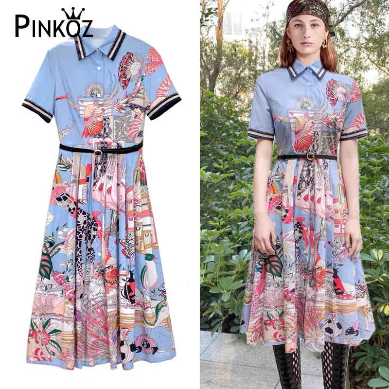 celebrity style holiday blue baroque flower printed short sleeve summer dress for women elegant party night with belt 210421