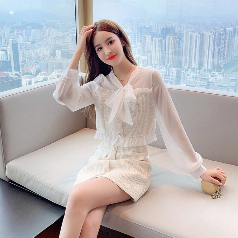 Fall Two piece set Women Chiffon Patchwork Tweed Bowknot Long Sleeve Ruffles Shirt Top + A-line Mini Skirt Suits 210519