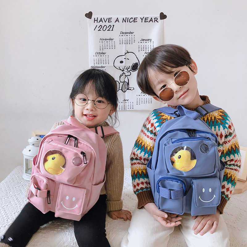 Canvas Children Backpacks Kids Kindergarten School Bags Cartoon Duck Book Bags for Baby Girls Boys Waterproof Toddler Backpack 210809