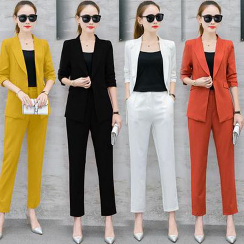 Women's Office Lady Two Pieces Sets Casual Work Blazer High Waist Pants Suits Female Notched Collar Jacket for women 210428