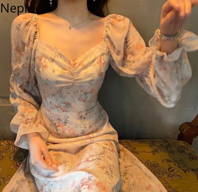 Neploe Floral Print Dress Women Sexy V Neck Puff Sleeve Ladies Vestidos Summer Elegant Slim Waist Female Dresses 1B110 210409