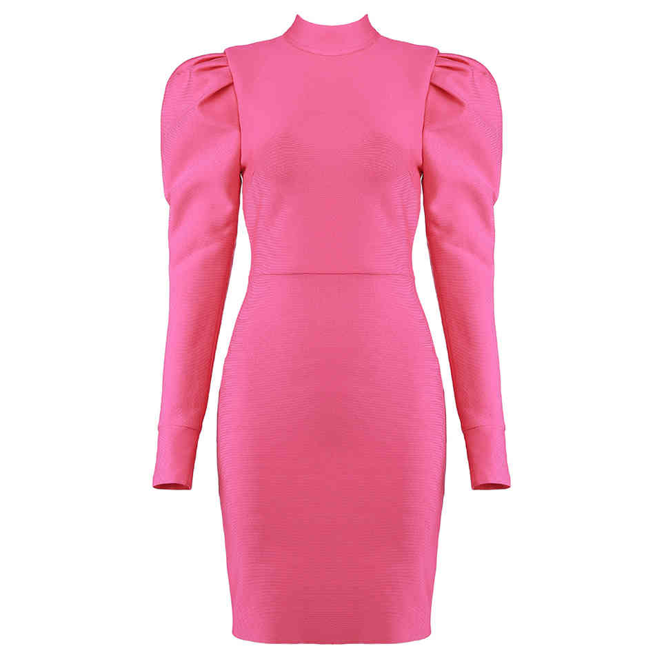 Free Women Bandage Dress Elegant High Neck Bubble Long Sleeve Bodycon Mini Celebrity Club Party es 210524