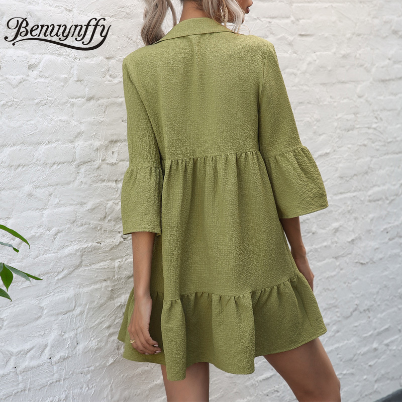 Turn-down Collar Loose Shirt Dresses for Women Summer Half Sleeve Single Breasted Solid Casual Shirred Mini Dress 210510
