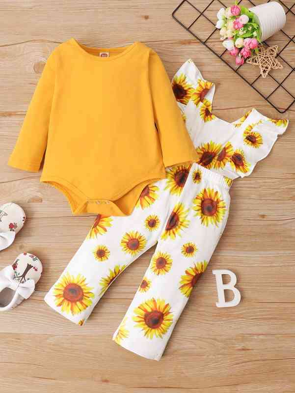 Baby Solid Bodysuit & Sunflower Print Ruffle Trim Jumpsuit SHE