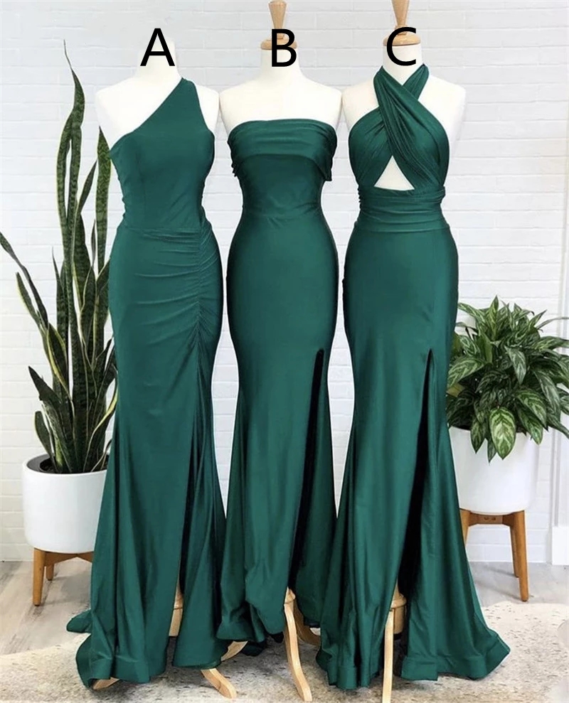 Dark Green Mermaid Bridesmaid Dresses Mixed Neckline Designed Wedding party Guest Dresses Sweep Train Silk Satin Pleated Maid of Honor Gowns Custom Ma