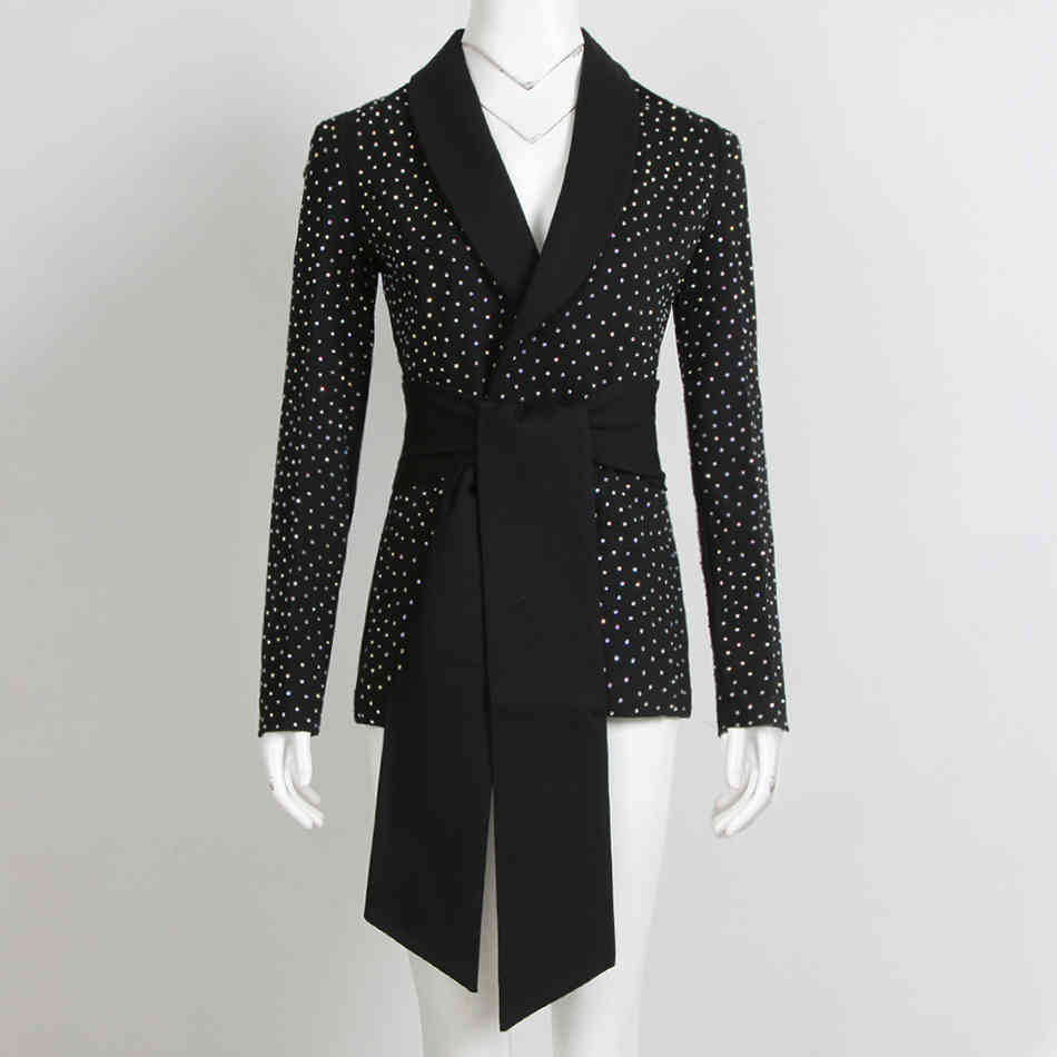 Free Autumn Arrival Diamond Shiny Blazer Black Women's Sexy Deep V Neck Long Sleeve Slim Lace-Up 210524