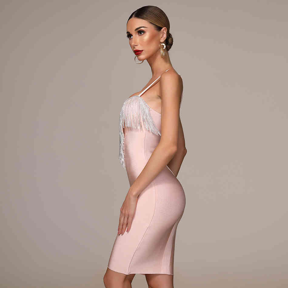 Summer New Women's Fashion Sexy Bandage Dress Blue White Pink Black Spaghetti V-neck Tassel Party Christmas Dress 210409