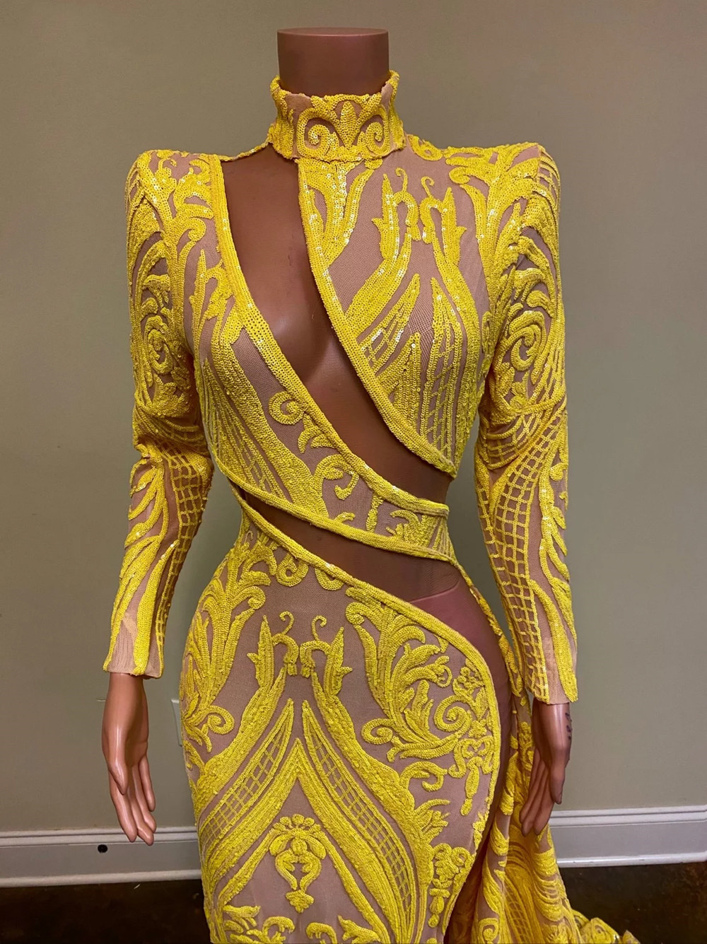 Long Sleeve Sexy Prom Dresses 2022 High Neck Side high Slit Yellow Sequin applique African Black Girls Mermaid evening Party Gowns