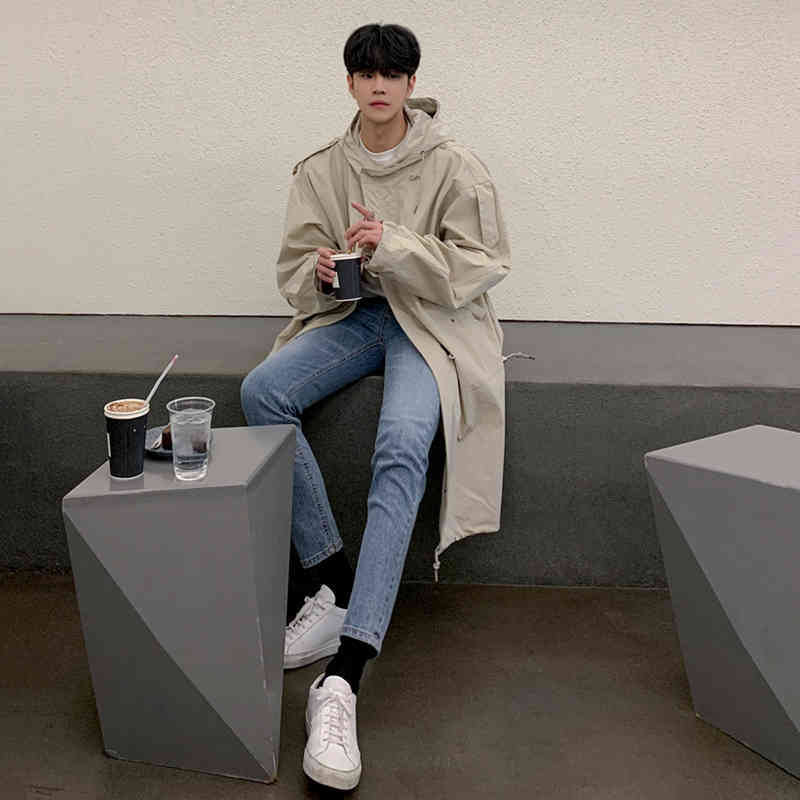 IEFB Hooded Loose Big Size Clothes Men's Mid Length Korean Fashion Cool Loose Casual Autumn Work Coat Drawstring Jacket 9Y4517 210524