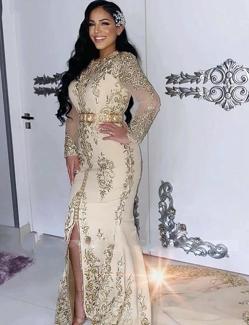 Formal Champagne Evening Mermaid Dresses 2022 Long Sleeves High Slit Caftan Marocain Embroidered Lace Arabic Prom Gowns Vestidos De Fiesta