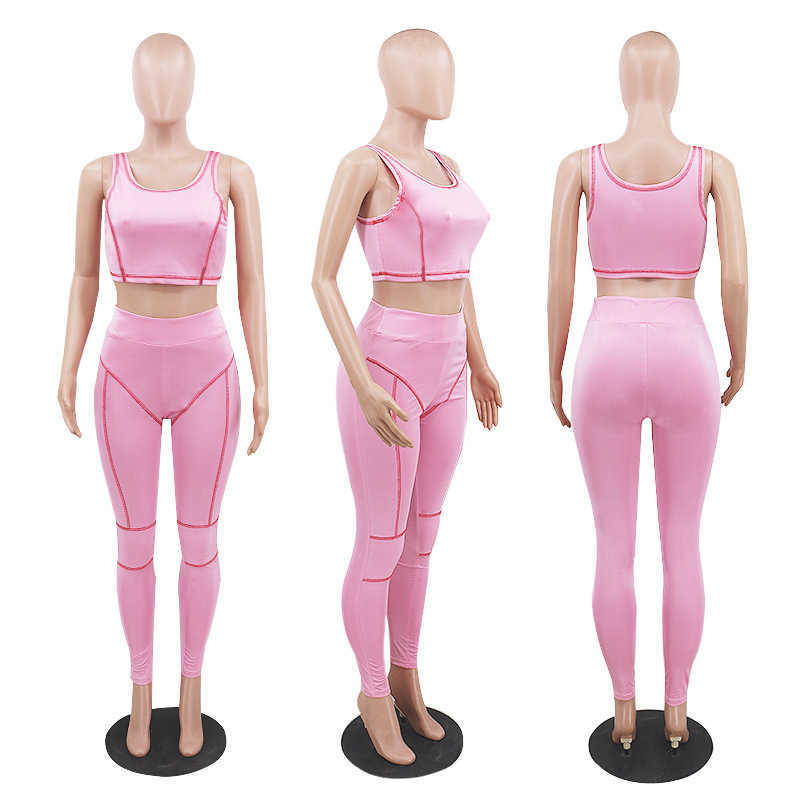 Striped Patchwork Sleeveless Sexy Crop Top Tanks+High Waist Skinny Pencil Pants Woman Clothes Outfits Conjuntos De Mujer Verano 210604