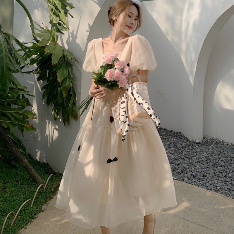 Elegant Square Collar Women Solid Chiffon Puff Sleeve Dresses Korean Fashion Sweet Bow Vintage Fairy Party Dress Vestidos 210518