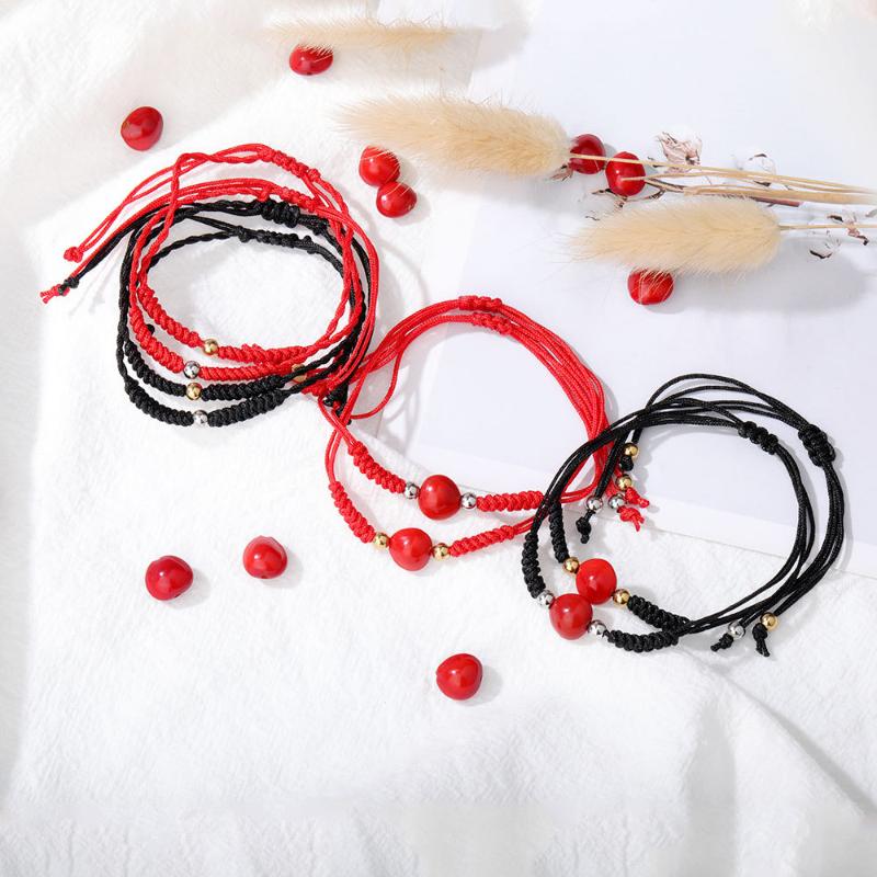 Link, Chain Simple Lovers Lucky Wish Red Bean Rope Bracelet For Women Handmade Black String Bracelets Couples Party Jewelry Gift Friends