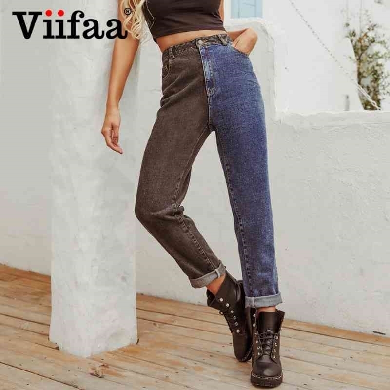 Viifaa Black and Blue Two Tone High Waist Denim Jeans for Women Zipper Fly Casual Ladies Straight Jeans 210616