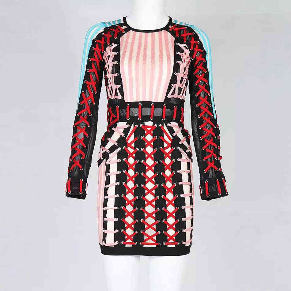 Women's Bandage Mini Celebrity Party Sexy Bodycon Long Sleeve O-Neck Cross-stitch Patchwork Dress 210525