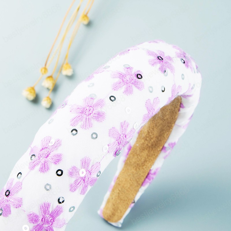 Elegant Korean Embroidery Flower Headband Temperament Sparkly Sequins Thick Sponge Hairband Girls Party Jewelry Bezel