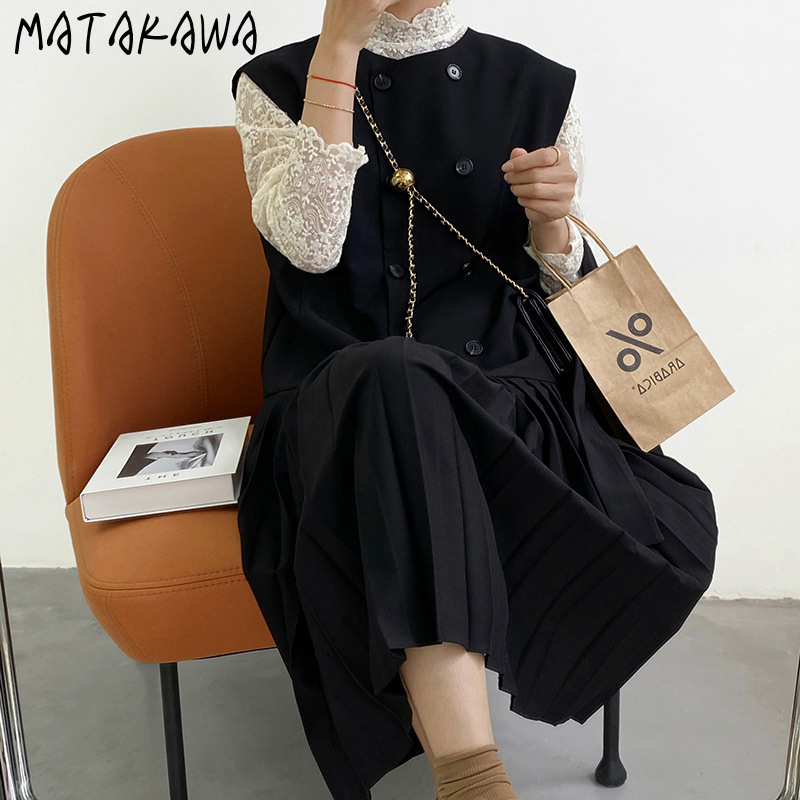 MATAKAWA Korea Black Pleated Woman Dress Sleeveless Vest Robe Women Loose Stitching Mid-length Vestidos + Shawl 210513