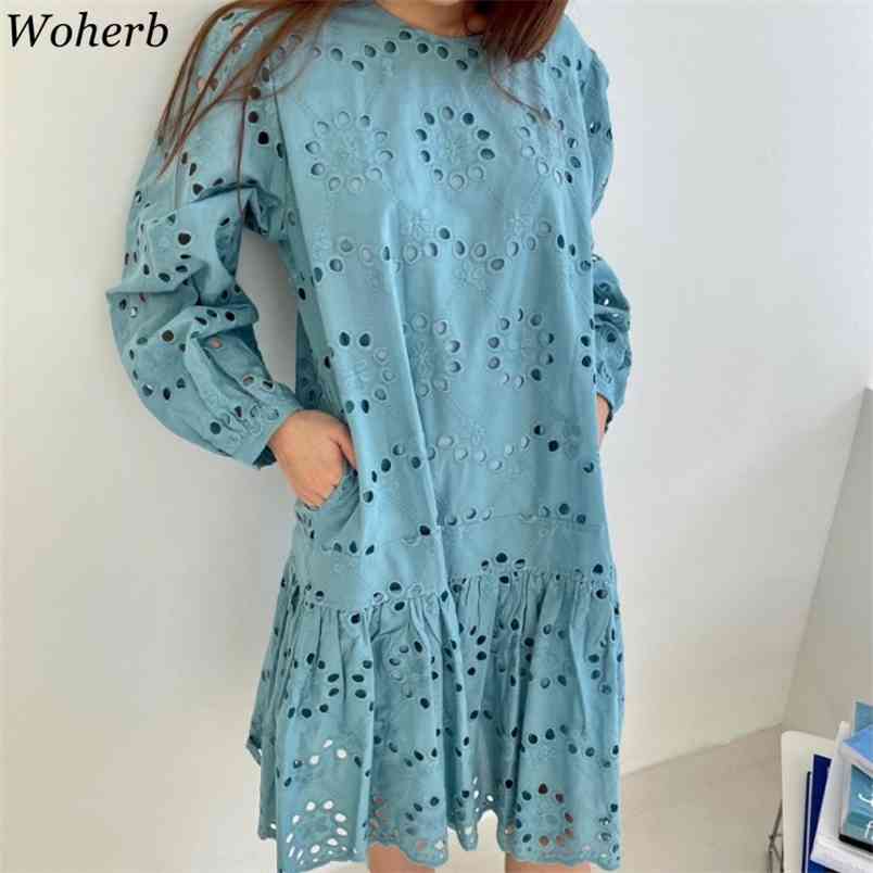 Women Dress Summer Korean Chic Temperament O Neck Vestido Crochet Hollow Loose Pleated Ruffle Puff Sleeve Dresses 210519, Malachite blue 
Women Dress Summer Korean Chic Temperament O Neck Vestido Crochet Hollow Loose Pleated Ruffle Puff Sleeve Dresses 210519, Malachite blue