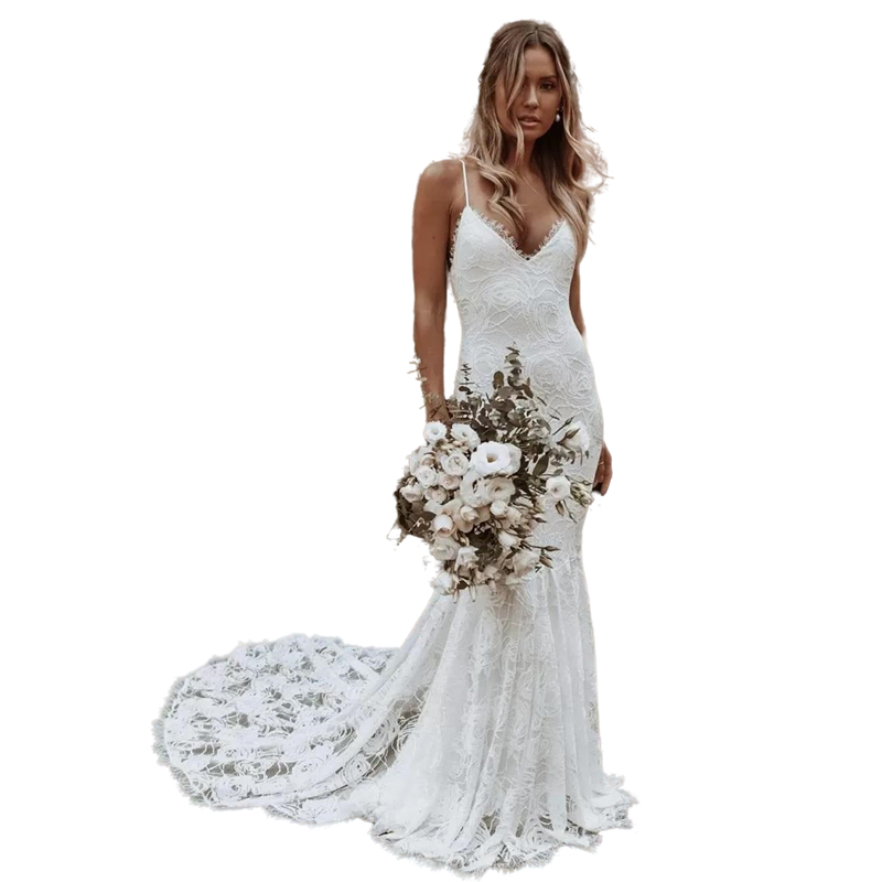 Sexy Backless Bohemian Mermaid Wedding Dresses 2022 V-neck Lace Appliques Summer Beach Bride Dress Boho Country Spaghetti Straps Bridal Gowns Vestidos