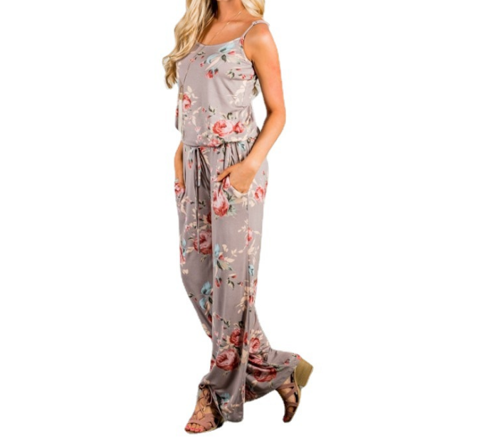 Women Spaghetti Strap Floral Print Romper Jumpsuit Sleeveless Beach Playsuit Boho Summer Jumpsuits Long Pants 3 Colors