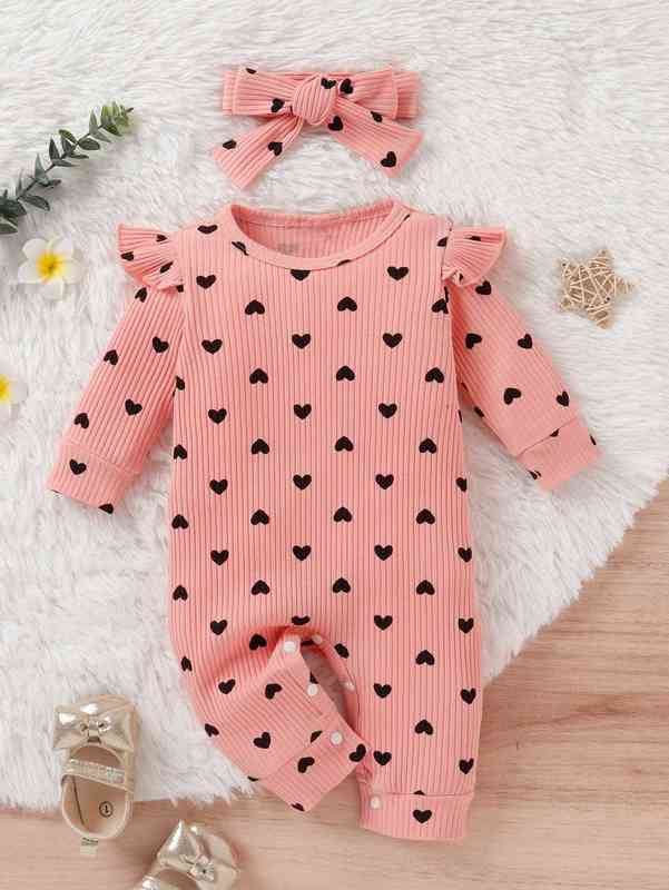 Baby Allover Heart Print Ruffle Trim Jumpsuit & Headband SHE