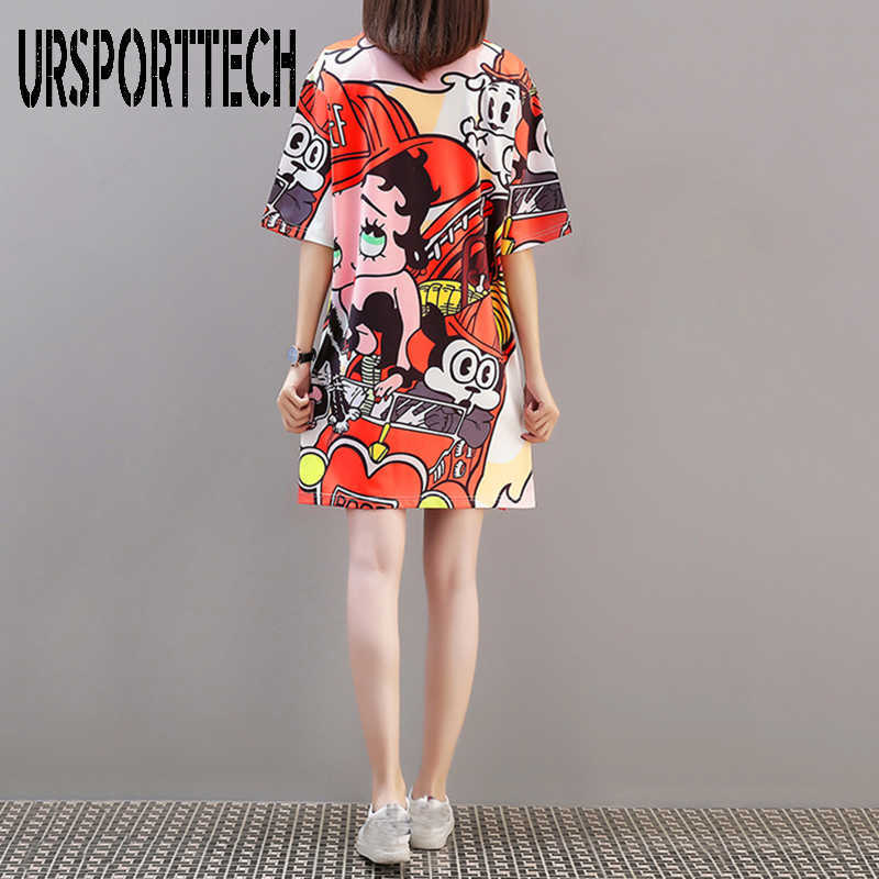 URSPORTTECH Summer T-shirts For Women Casual Cartoon Print Short Sleeve Oversize Tee Shirt Long Female Unique Tops 210528