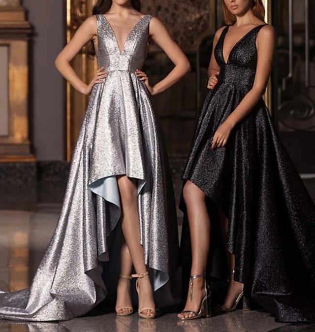 Glittering Gold/Silver Elegant Prom Evening Dress V Neck Sleeveless Backless Sequin Formal Party Gown High Low Robes De Soiree Vestidos Longo 2026