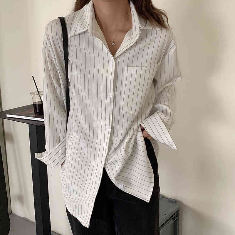 Spring Autumn OL Formal Elegant Minimalist Lapel Striped Shirt Women Blouses Work Long Sleeve Loose Tops Female 210421