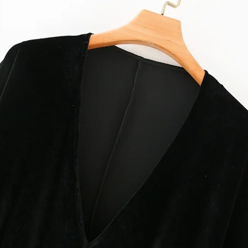 Women Deep V-neck Velvet Mini Dress Femme Nine Quarter sleeve Dresses Casual Lady Loose Clothes Vestido D6575 210430Z