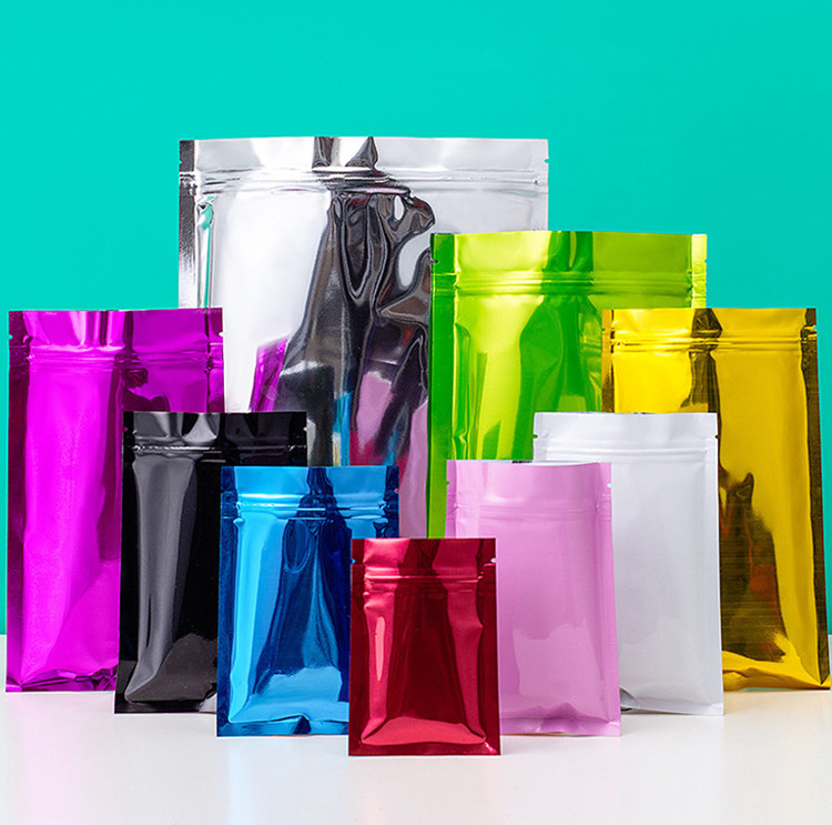 100pcs Flat Bottom Glossy Aluminum Foil Zip Lock Bag Resealable Food Powder Snack Nuts Coffee Beans Trial Heat Sealing Gift Pouches Support Printing