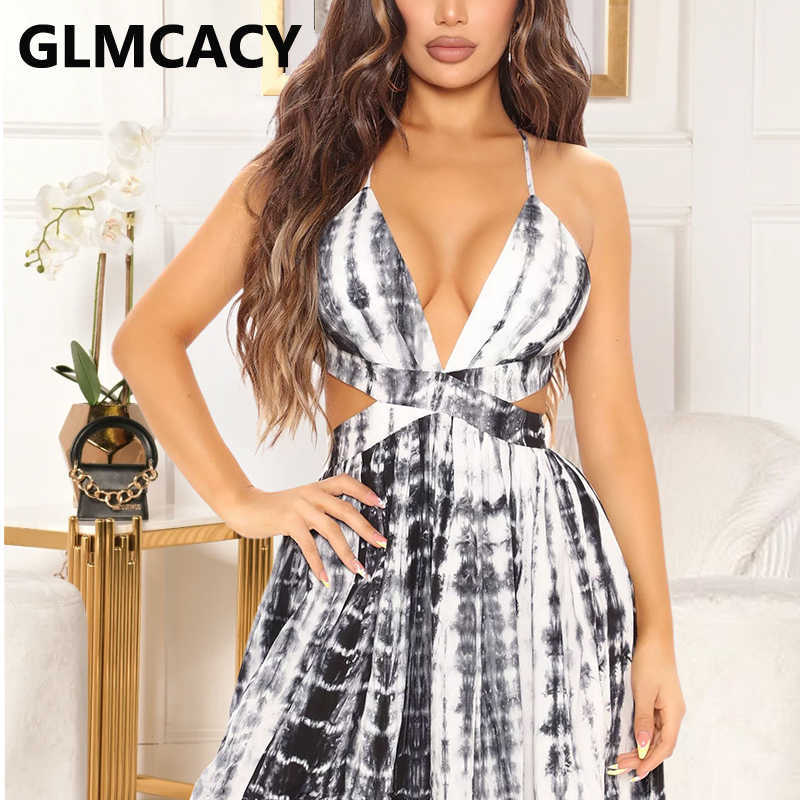 Spaghetti Strap Abstract Printed High Slit Dress 210702