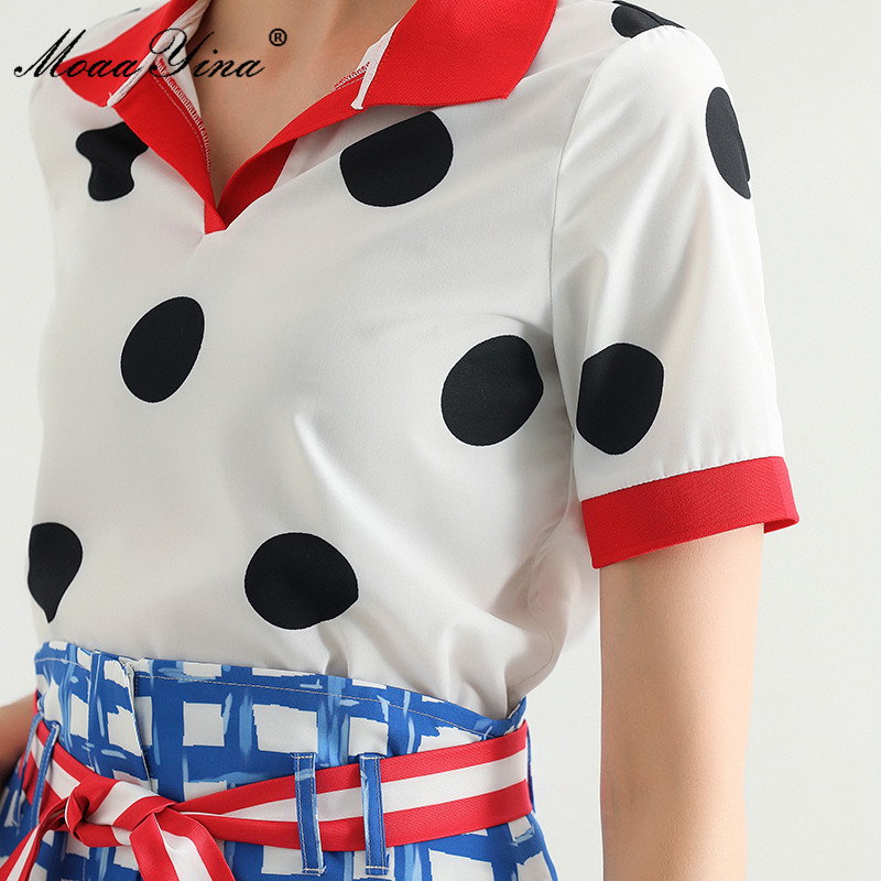 Summer Fashion Blue Skirts Sets Women's Casual polka dot Tops and Floral print Midi Plaid 2 Pieces Suit 210524