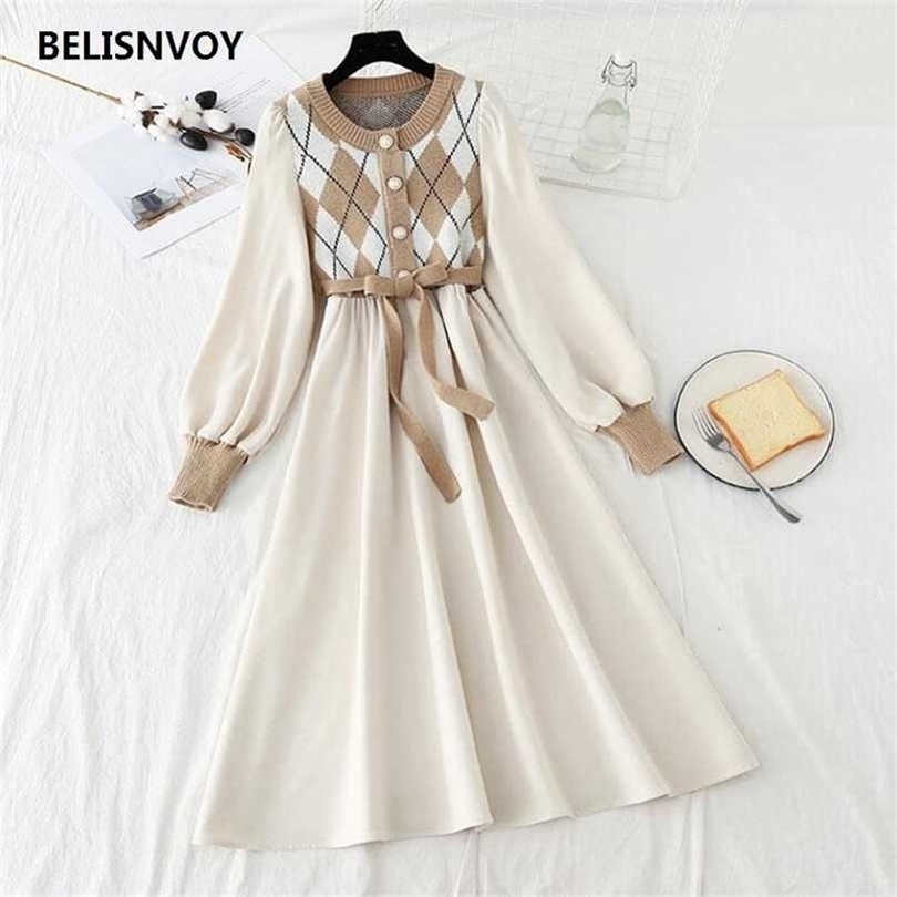 Women Patchwork Knitted Dress Spring Casual O Neck Long Sleeve A-line Single-breasted Sweater es Bandage Vestidos 211109
Women Patchwork Knitted Dress Spring Casual O Neck Long Sleeve A-line Single-breasted Sweater es Bandage Vestidos 211109