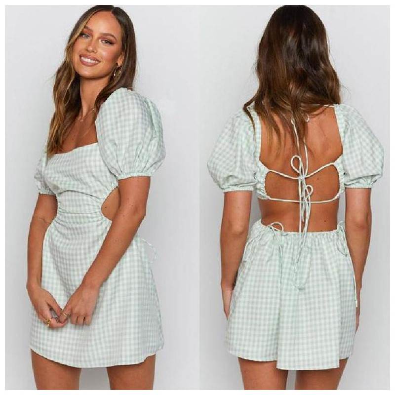 Summer Sexy Backless Women's Mini Dress 6 Color Square Collar Lace Up Hollow Out Puff Short Sleeve A-Line Female 210522