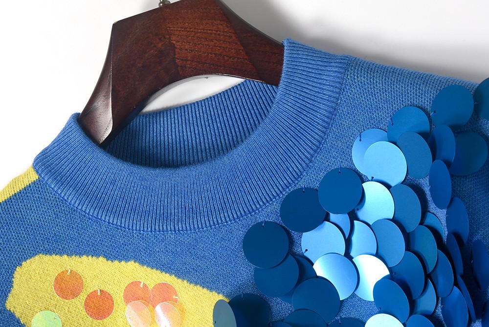 805 2021 Milan Runway Autumn Brand Same Style Sweater Long Sleeve High Quality Blue Sequins Crew Neck Pullover Fashion Clothes Womens M