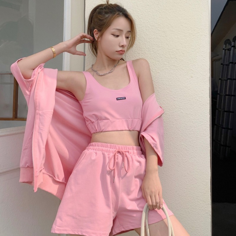 Summer Three-Piece Set Casual Solid Color Sports Hooded Loose coat + Sexy Vest Top + Shorts Suit Women Outfits 210518