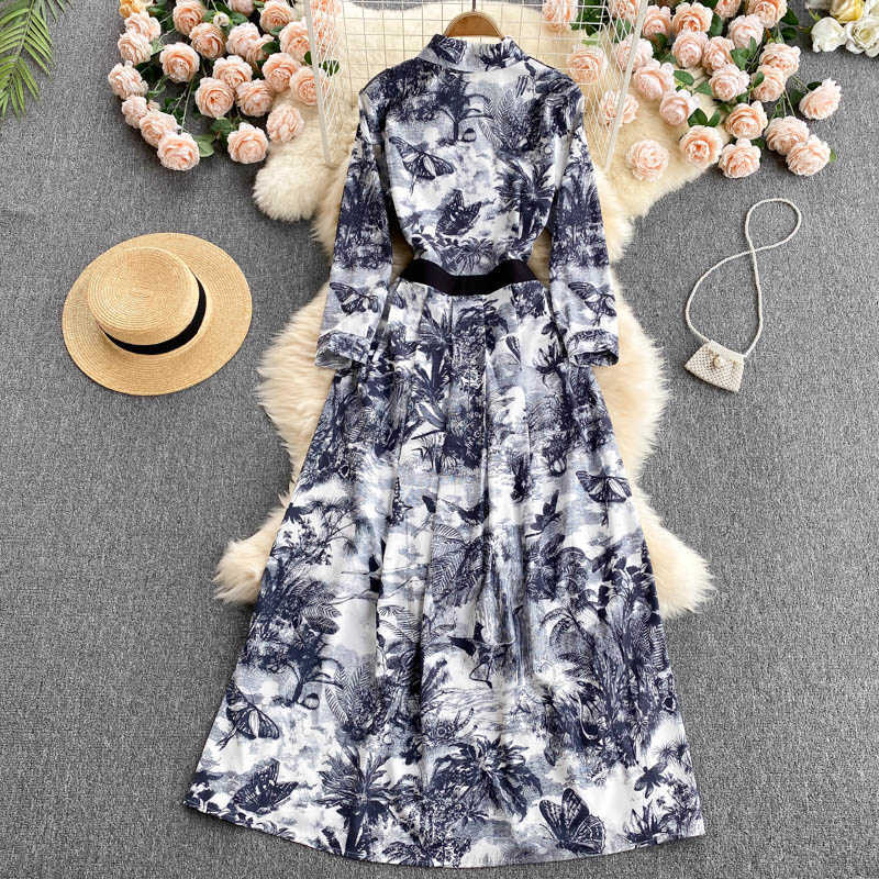 DEAT Women Printing Dress Lapel Long Sleeve Arrivals Lady Temperament Fashion Spring Autumn 11D2005 210709