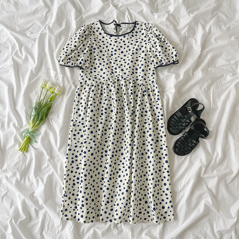 Kimutomo Chic Wave Point Dress Fashion Women Summer Korean O-neck Lace Up Puff Sleeve High Waist Robe Casual Sweet 210521