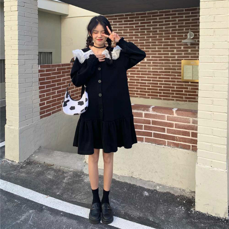 Spring Long Sleeve Vintage Kawaii Dress Korean Casual Sweet Elegant Dress Women Cute Lace Mini Shirt Dress Female 210521