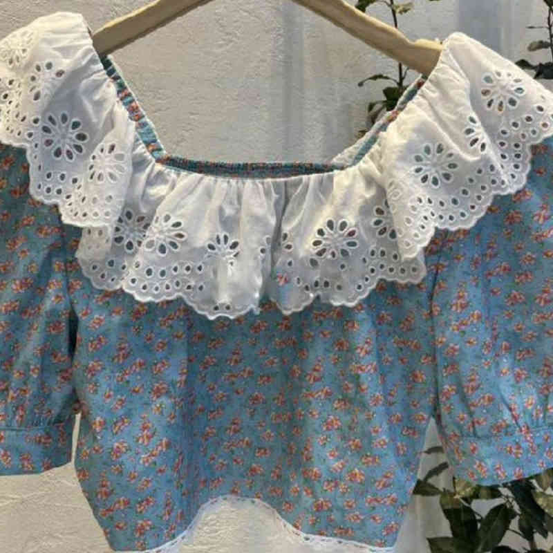 Nomikuma Women Shirts Blouses Lace Ruffle Square Collar Korean Floral Tops Puff Sleeve Summer Short Blusas Mujer Moda 6G669 210427