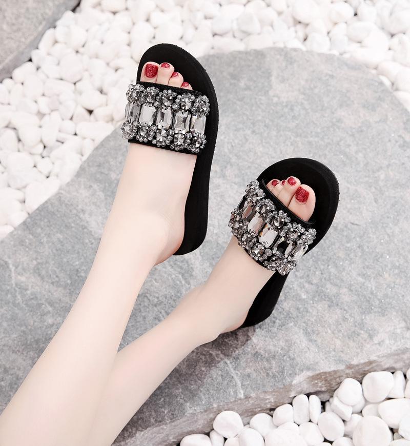 Slippers Rhinestone Ladies Creepers Summer High Heels Slides Beach Shoes Woman Crystal Beaded Wedges Platform Sandals Open Toe Slippers42