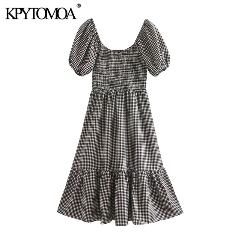 Women Sweet Fashion Ruffled Elastic Smocked Plaid Midi Dress Short Sleeves Waist Female Dresses 210420